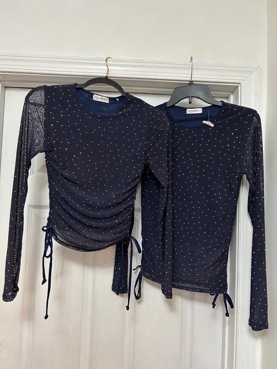 popular 21 Tops - Ruched Navy Blue Long-Sleeve sheer mesh rhinestoneTee